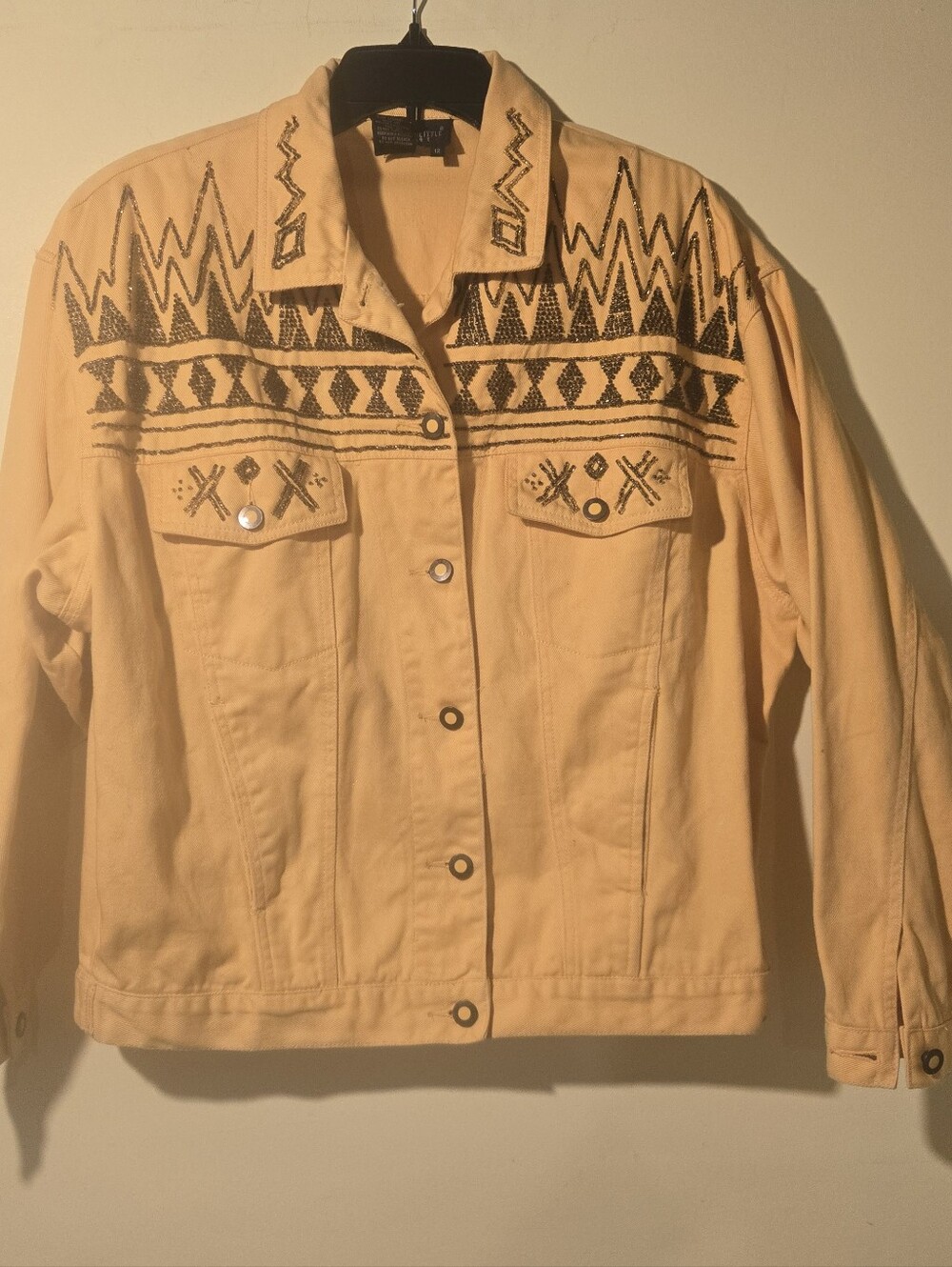 Vintage Carole Little Embroidered Jean Jacket With Aztec Design. Size 12